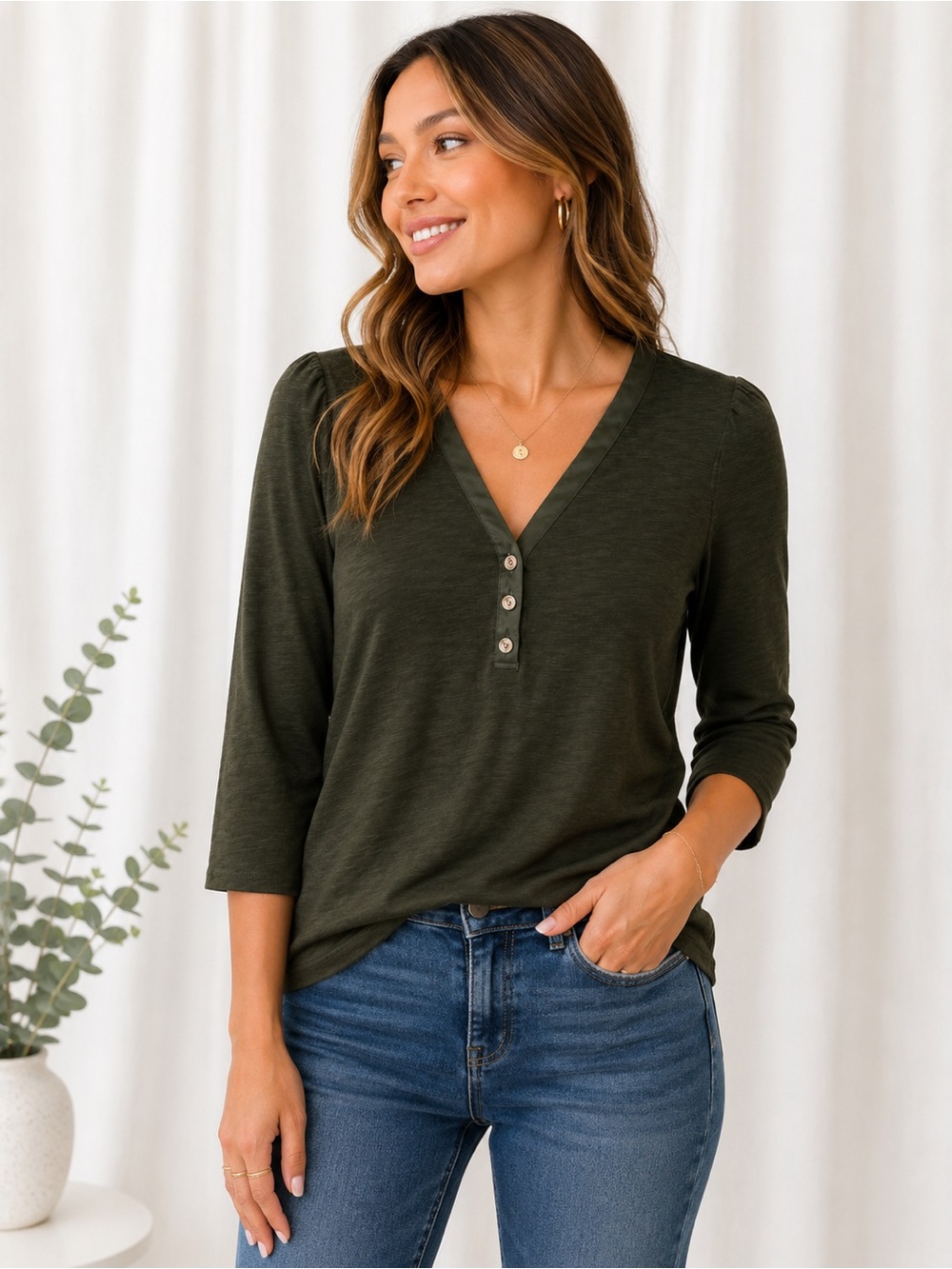 NWT WHBM White House Black Market Olive Henley Top L Puff Sleeve 3/4 Sleeve